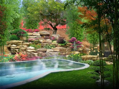 高档别墅庭院里面的私家花园（带游泳池）景观设计效果图PSD源文件