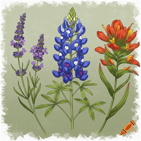 Illustration of a bluebonnet, lavender, and Indian paintbrush flowers ...