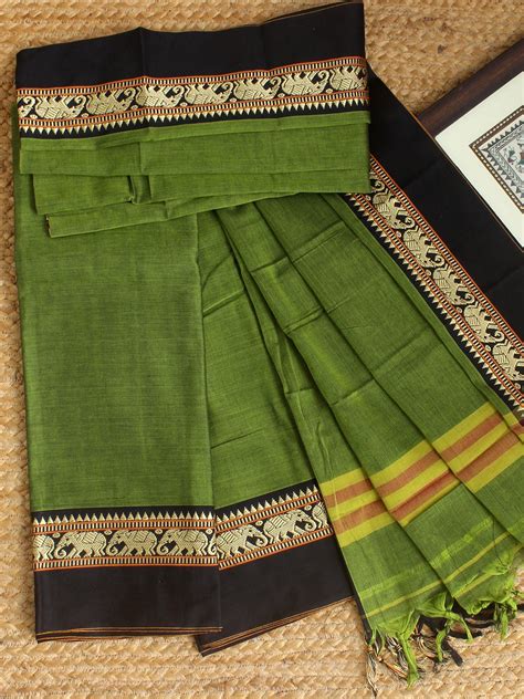 Green Dharwad Cotton Dress Material With Elephant Borders – Weaves of ...