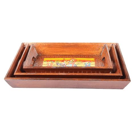 APKAMART Hand Crafted Traditional Wooden Tray - Set of 3 - Hand Painted ...
