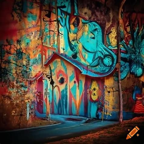 Surreal circus graffiti on walls on Craiyon