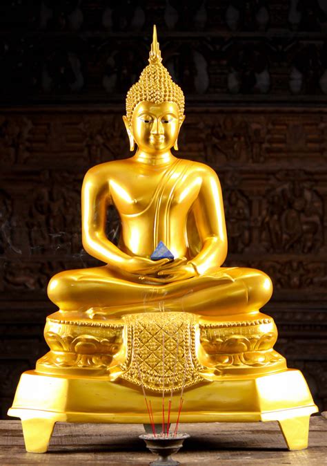 Gold Thai Brass Meditating Buddha Statue 39" (#125t56b): Lotus Sculpture
