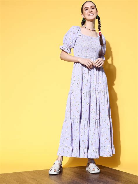 Women Lavender & White Floral Printed Square Neck Crepe Thigh-High Slit ...