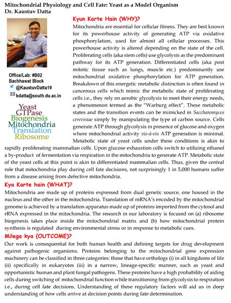 Department of Genetics – Mitochondrial Physiology Group - Dr. Kaustuv Datta