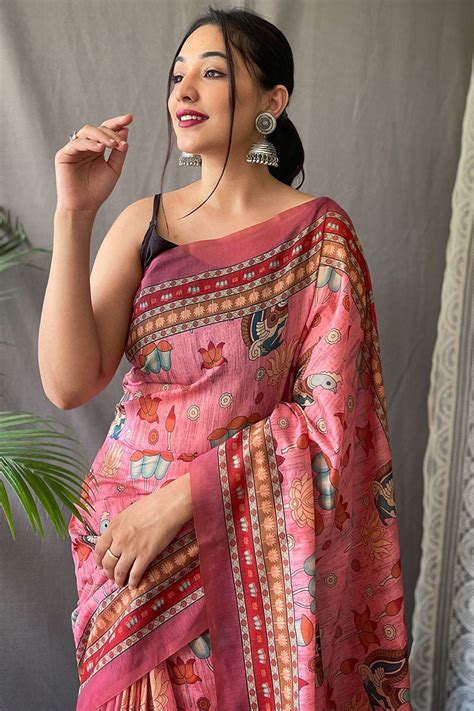 Pleasant Pink Kalamkari Printed Saree With Adoring Blouse Piece ...