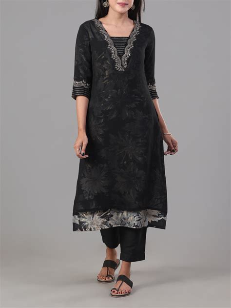Black Modal Chanderi Printed Kurti With Embroidery