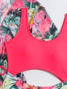 Tween Girl Tropical Print Cut Out One Piece Swimsuit With Kimono ...