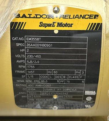 BALDOR,EM3558T,SUPER-E MOTOR 2HP 1755 RPM 230/460V 3PH 145T FRAME NOS ...