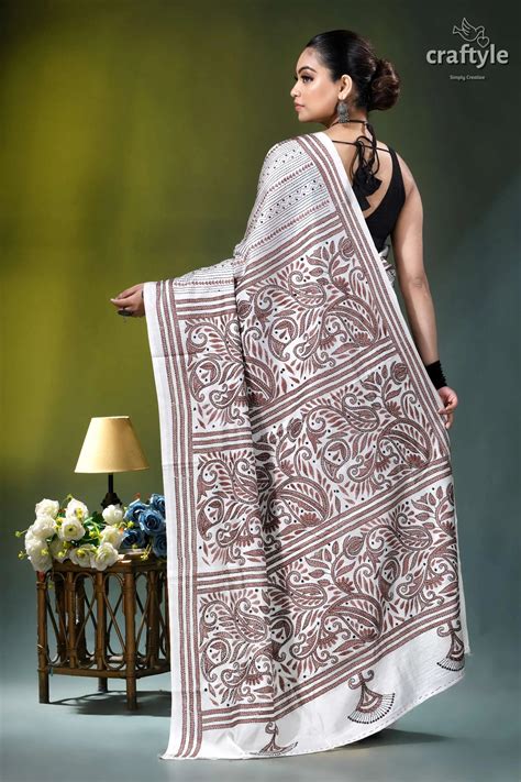 White Geometric-floral Design Silk Kantha Embroidery – Craftyle