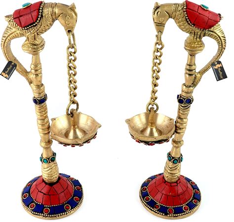 Buy Two Moustaches Parrot Design 7.5 Inches Brass Hanging Diya Pair ...