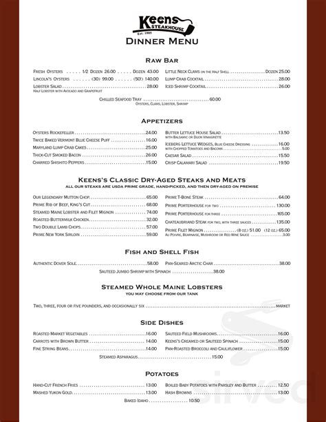 Keens Steakhouse menu in New York, New York, USA