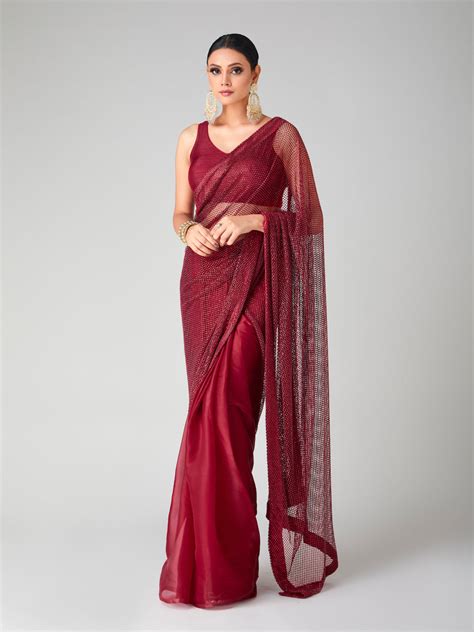 Maroon Tissue Net Saree – Tirumala Designers