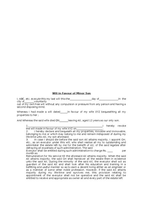 Will in Favour of Minor Son - execute this my last will this the ...