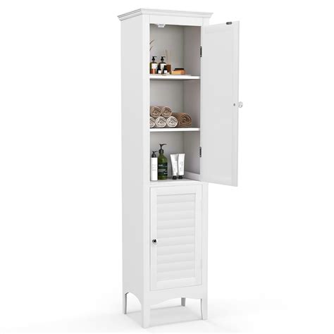 Costway Tall Bathroom Floor Cabinet Narrow Linen Tower with 2 Doors ...