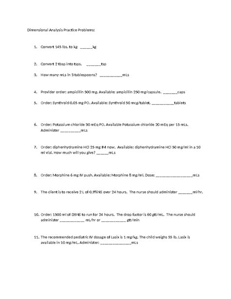 Pharm - Dimensional Analysis Practice Problems for Med Calculations ...