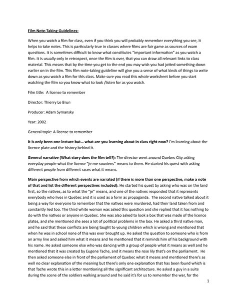 Film note-taking "A License to Remember" - Film Note-Taking Guidelines ...