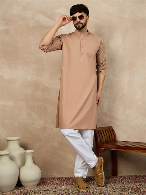 Nabia Solid Beige Cotton Kurta and White Pajama Set
