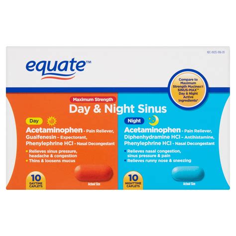 Buy Equate Maximum Strength Day & Night Sinus Relief Caplets, 20 Count ...