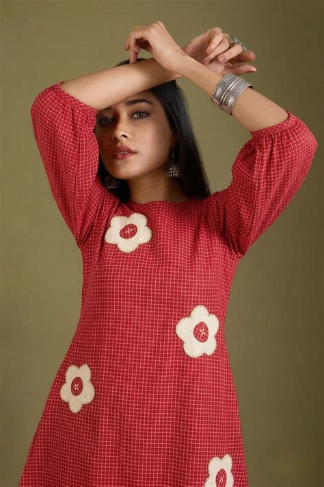 Red Micro Grid Cotton Peasant Sleeve Dress - maati crafts