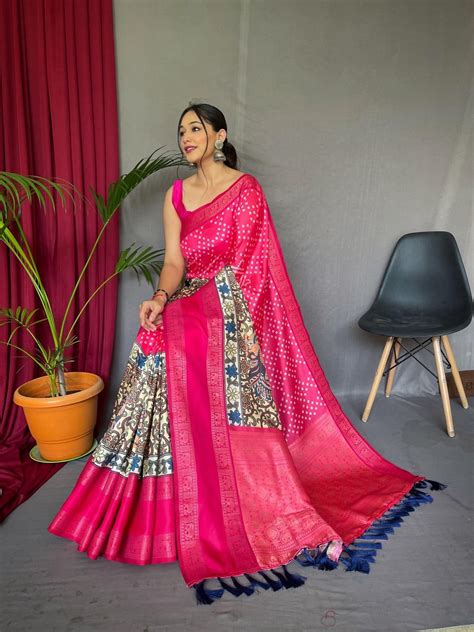 Demure Dark Pink Digital Printed Satin Silk Saree With Divine Blouse P ...
