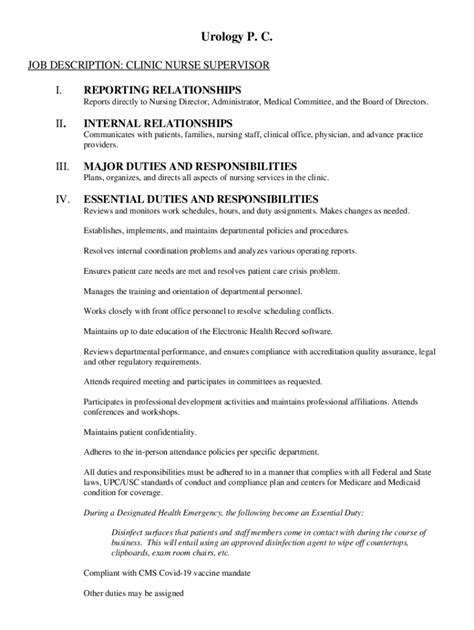 Fillable Online job description: clinic nurse supervisor i. reporting ...