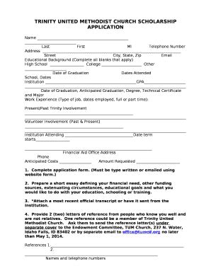 TRINITY UNITED METHODIST CHURCH SCHOLARSHIP APPLICATION Doc Template ...