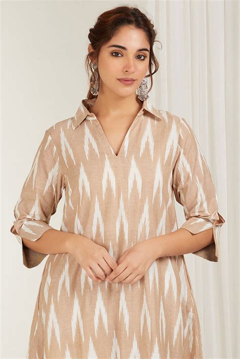 Beige Ikat High-Low Kurta Set – Cyan India