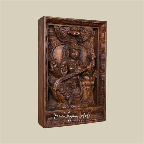 19" Handcrafted Wooden Frame of Goddess Saraswati Seated on Lotus Play