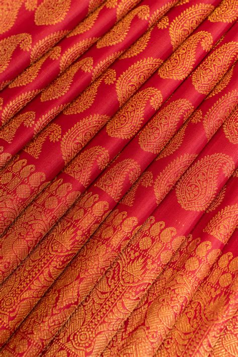 Crimson Red paisley pure zari Brocade Kanjivaram silk saree | Clio Silks