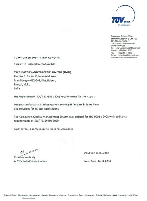 TMTL | Certifications | Eicher Engines | TAFE Motors and Tractors Limited