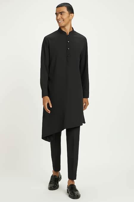Buy Black Cotton Raven Asymmetric Kurta With Pant For Men by Nautanky ...