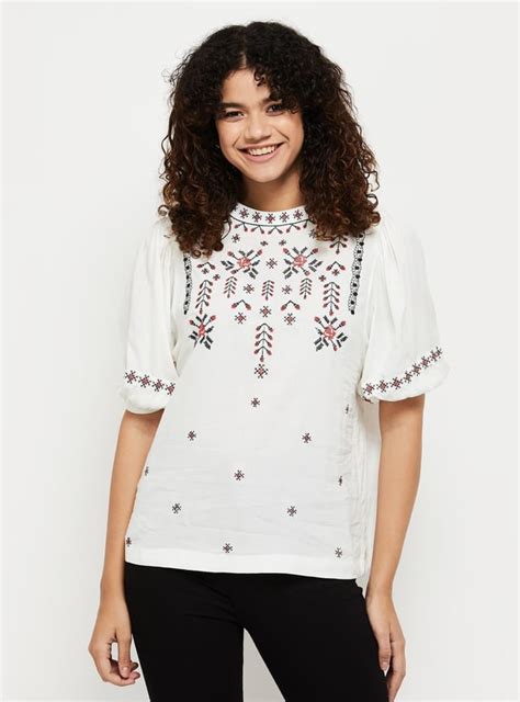 Buy Women Embroidered Band Collar Neck Top Online at just Rs. 799.0 ...