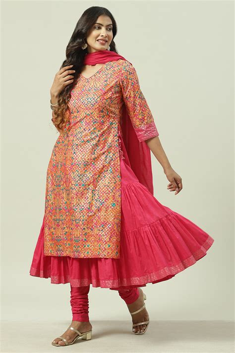 Fuschia Cotton Layered Kurta Churidar Suit Set