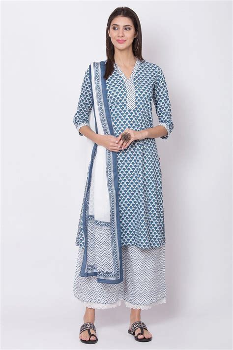 Blue Printed Straight Kurta Palazzo Suit Set