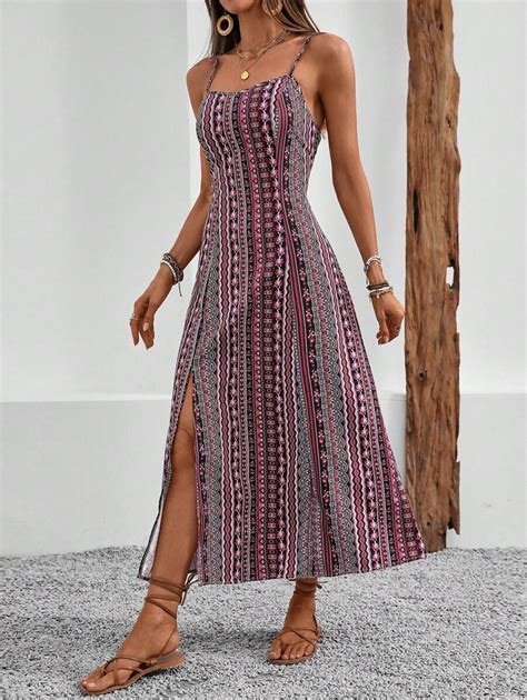 Breezaya Vintage Style Women's Printed Spaghetti Strap Dress With High ...