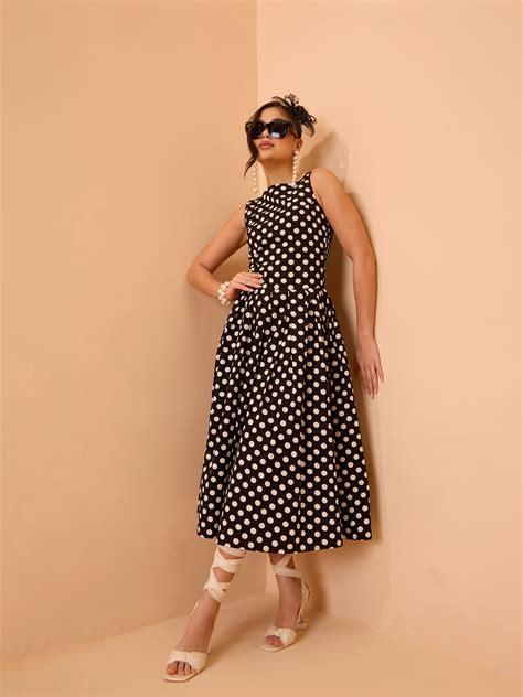 Buy Women Black & White Small Polka Smoking Low Waist Midi Dress Online ...