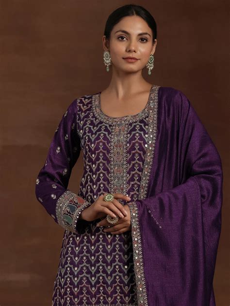 Buy Adaa Purple Embroidered Silk Blend Straight Kurta With Palazzos ...