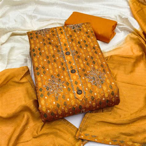 Mustard Cotton Blend Dress Material Adorned With Exquisite Floral Embr