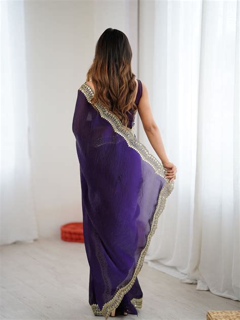 Buy Purple Fandy Satin Two Tone Sequins And Zari Work Saree With Blouse ...