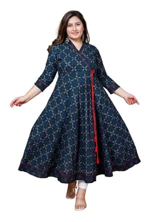 Buy Miravan Womens Plus Size Blue Floral Printed Angrakha Kurta (S) at ...