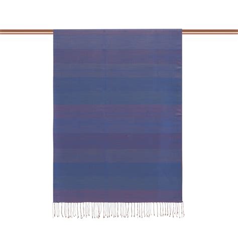 Denim Blue Block Striped Reversible Silk Scarf | Ipekevi