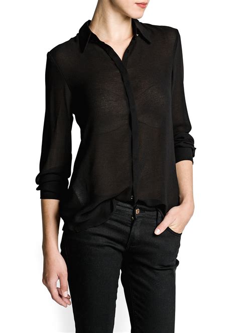 Mango Long Sleeve Chiffon Shirt in Black | Lyst