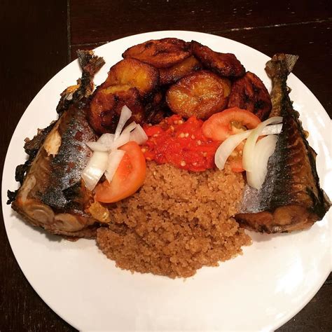 West African Cuisine: Attieke, Peppersauce, Plantain & Mackerel