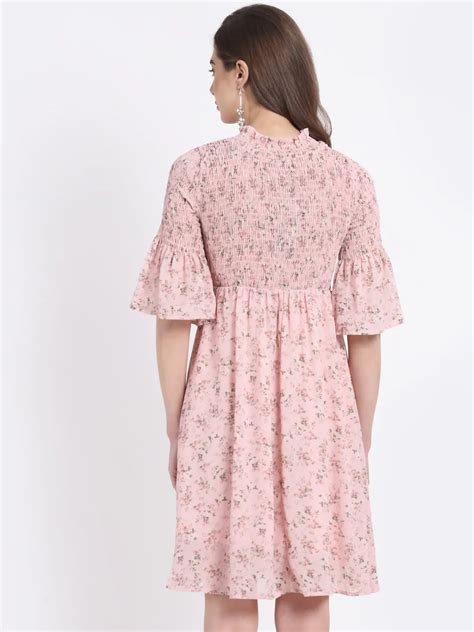 BuyWomen Turtle Neck Pearl Embellished Flared Pink Dress - Global Republic