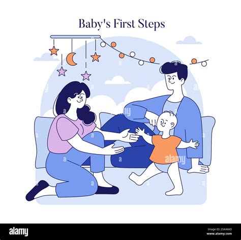 Baby's First Steps concept. Proud parents encouraging their child ...