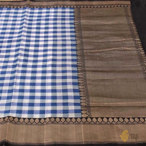Blue-White Pure Cotton Banarasi Handloom Saree - Tilfi