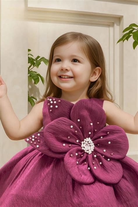 Magenta Embellished 3D Floral Appliqué Party Frock For Girls – Lagorii Kids