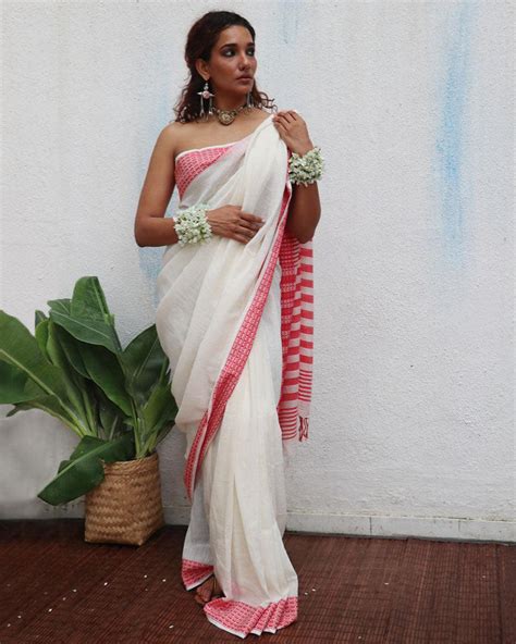 Buy Chitra Handwoven Linen Cotton Jamdani Saree | Cotton saree white