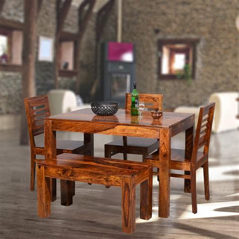 MM Furniture Solid Sheesham Square Dining Table Set with 3 Chairs and 1 ...