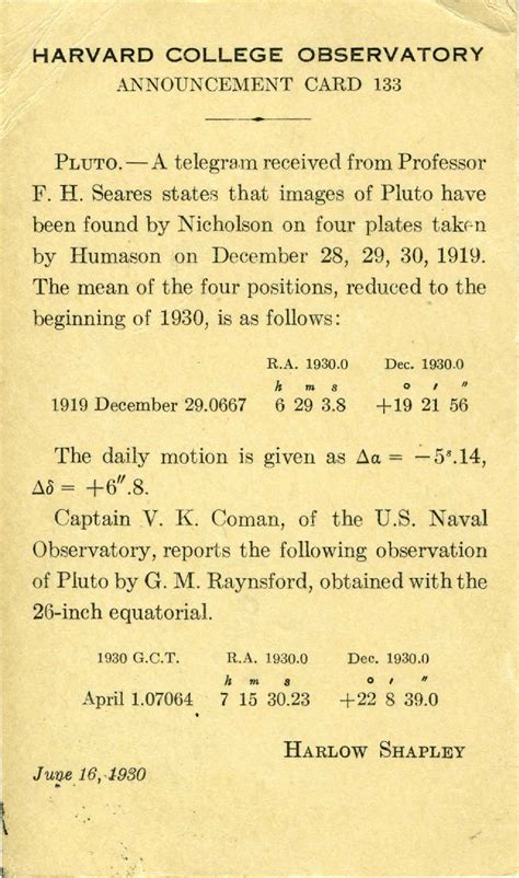 Harvard College Observatory Announcement Card 133 | Arizona Memory Project